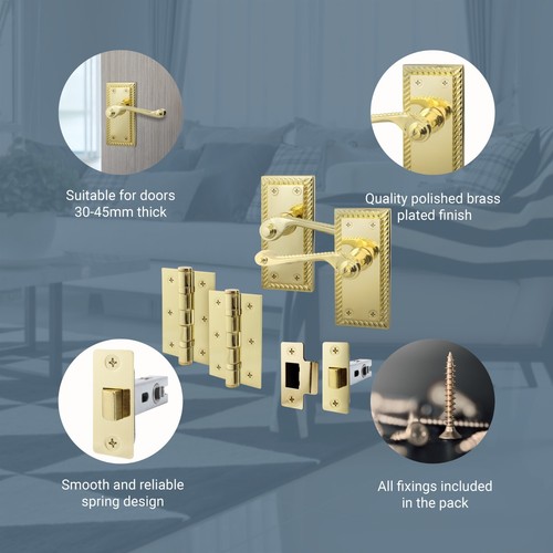 Polished Brass Georgian Scroll Door Handle & Latch Set with Hinges 76mm | 4 Pack - Picture 4 of 7