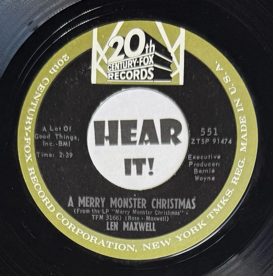 Halloween Christmas Novelty 45 LEN MAXWELL A Merry Monster Xmas 20TH FOX hear EX - Imagem 4 de 4