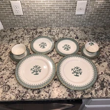 8 Pc Theodore Haviland Cambridge Teal Green Gold Tree Bonsai Plate Cup Set