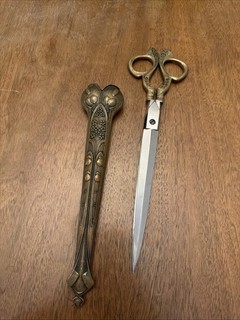 Antique GERMAN Scissors W/ Sheath Brass Large 10” Shears Beautiful Detail GREAT!