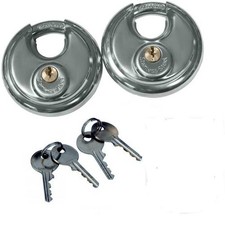 2 x 70mm KEYED ALIKE DISC STAINLESS STEEL PADLOCKS + 4 KEYS - HARDENED SHACKLE