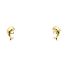 NEW 14K YELLOW GOLD DOLPHIN WHITE STUD EARRINGS