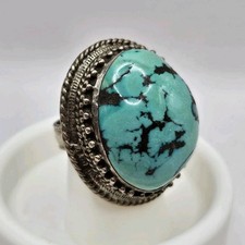 Vintage Native Sterling Silver Spiderweb Turquoise Ring Size 8 33 Grams Large