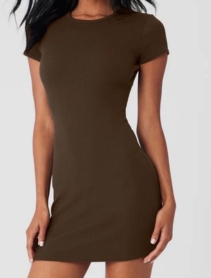 Alo Yoga Ribbed Short Sleeve Mini Dress Espresso Brown Size Small | eBay