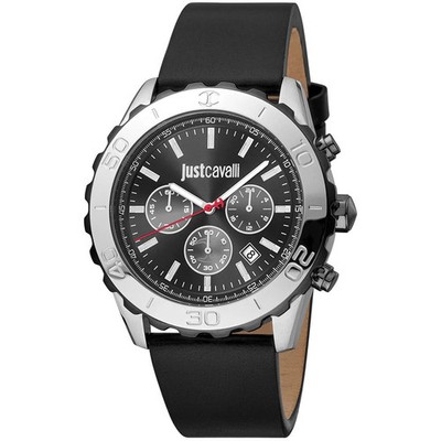Just Cavalli Black Leather Dress Watch with Grey Stainless Steel Case 45MM