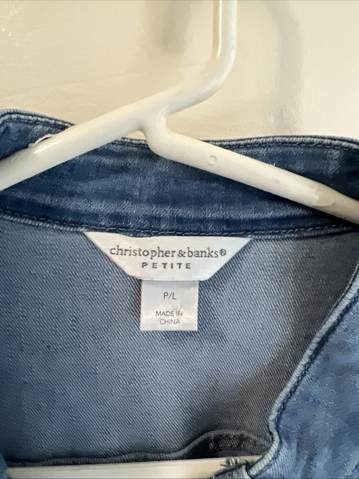 Christopher & Banks Denim Jacket Womens Petite XL Button Up Lace Trim Stretch - Image 2 of 4