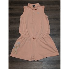 Polo Ralph Lauren Girls Peach Floral Embroidered Polo Romper Jumpsuit XL 18
