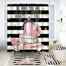 Pink Fashion Bathroom Set with Shower Curtain and Rugs and Accessories, Flora...