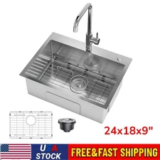 24x18x9'' Drop in Kitchen Sink Stainless Steel Single Bowl Workstation Faucet US