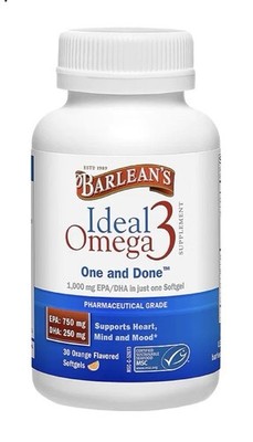 Barlean's Ideal Omega 3 Fish Oil EPA DHA Heart Mind Mood Brain Health 30softgels