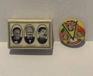 Roosevelt Churchill Stalin Celluloid Match Holder And Pinback Button
