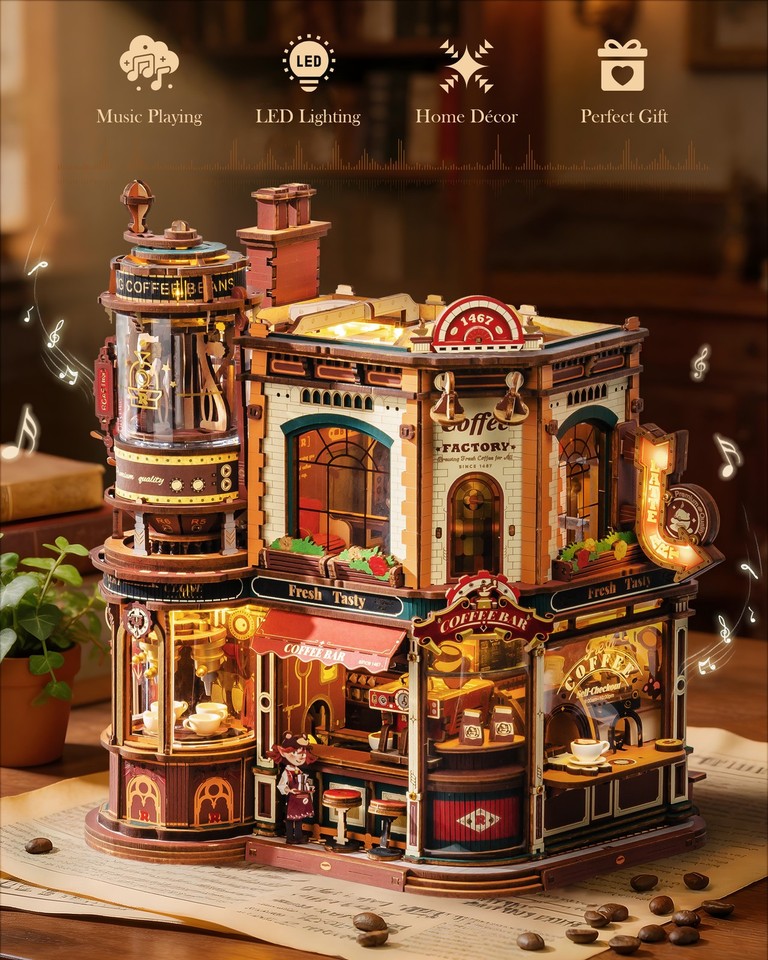 Product photo 5 of 8 — ROKR Dream Coffee Factory 3D Puzzle Building Toys Music Box Wooden Kids Gift