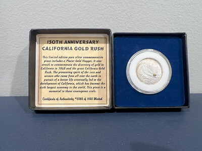 CALIFORNIA GOLD RUSH 150TH ANNIVERSARY COIN SILVER COIN & GOLD NUGGET (BE)