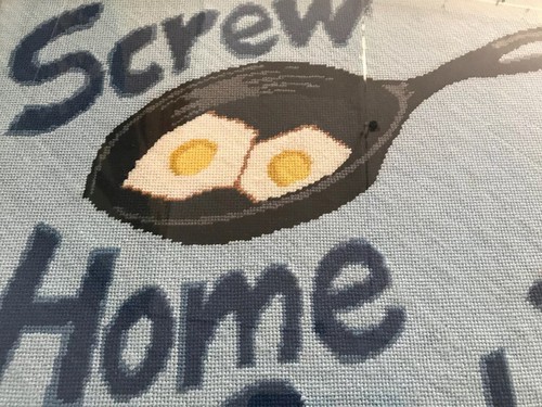 SCREW HOME COOKING Framed Needlepoint Art One Of A Kind Kitchen Kitsch 23" x 17” - Picture 2 of 4