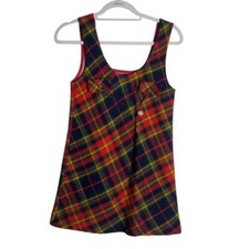 Handmade vintage 70  s plaid wool material girls sleeveless dress Sz 8/10 
