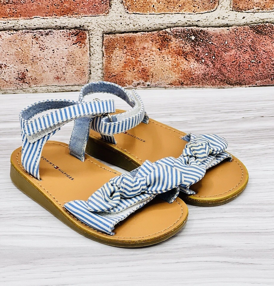 Tommy Hilfiger Girls Sandals 7 Toddler Strap White Blue Stripe Open Toe Bow - Image 2 of 4