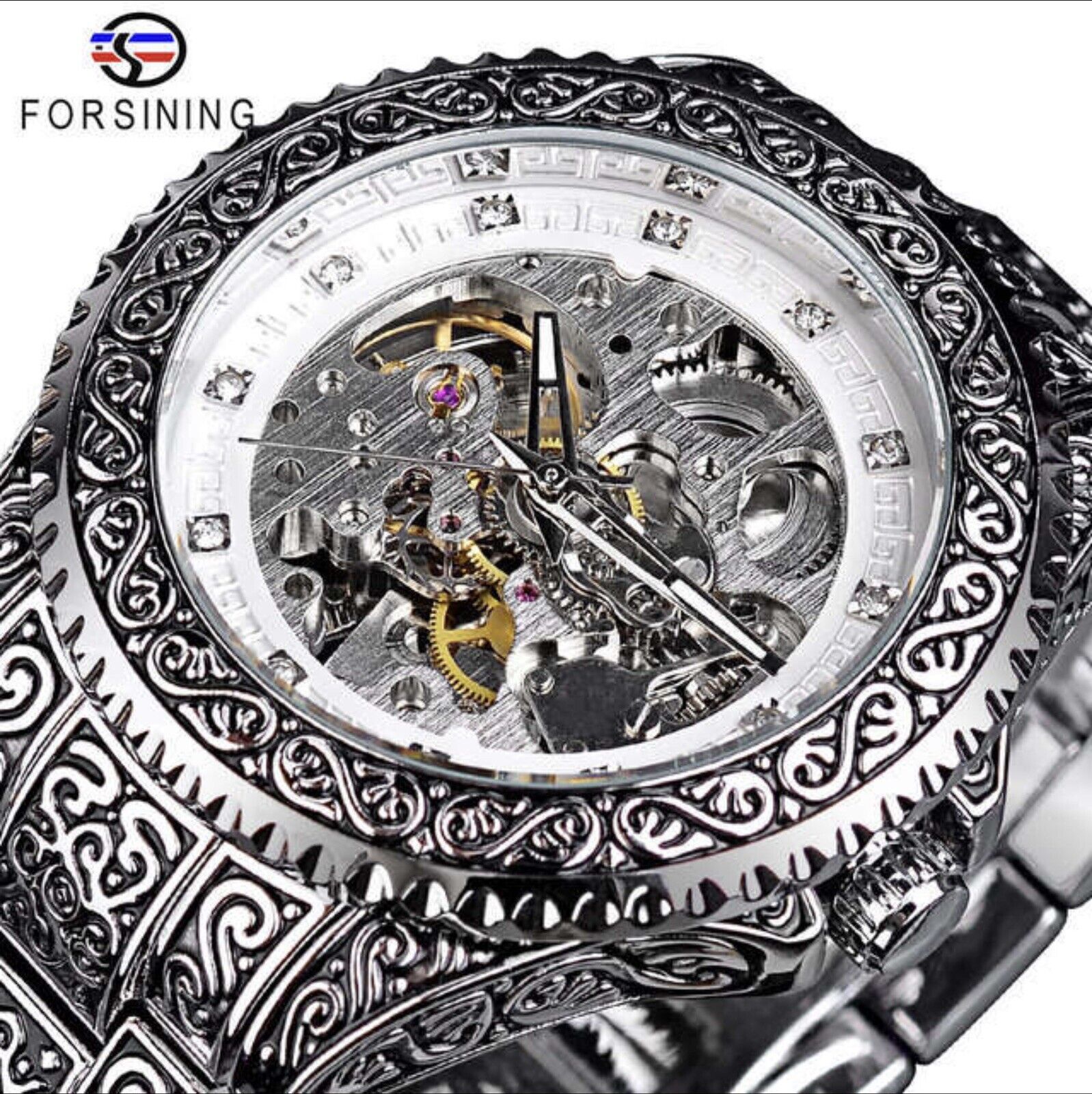 Automatic Luxury Stainless Steel Skeleton Silver Gold Retro Carved Mens Watch