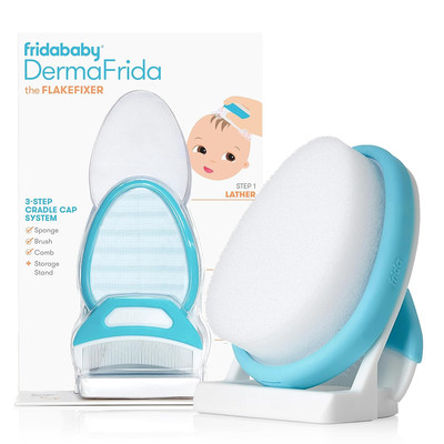 the 3-Step Cradle Cap System, Dermafrida the Flakefixer, Sponge, Brush, Comb and