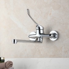 Bathroom Faucet Chrome Long Spout Wall Mount Dual Handles Mixer Brass Basin Tap