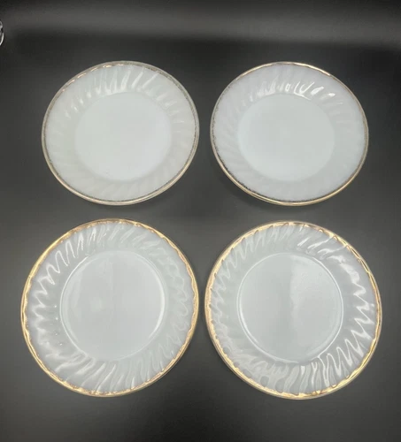 Vintage Fire-King White Swirl Milk Glass Salad Plates Gold Trim - Set Of 4