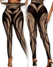 Women's Allover Print, Striped, Sheer Contrast Full Length Leggings Medium NEW