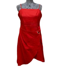 Sundress Women’s L Red Linen Wrap Dress Spaghetti Strap Adjustable Midi Boho