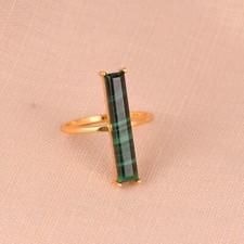 18k Gold Plated Vertical Bar Ring With Malachite Gemstone Sterling Silver Ring