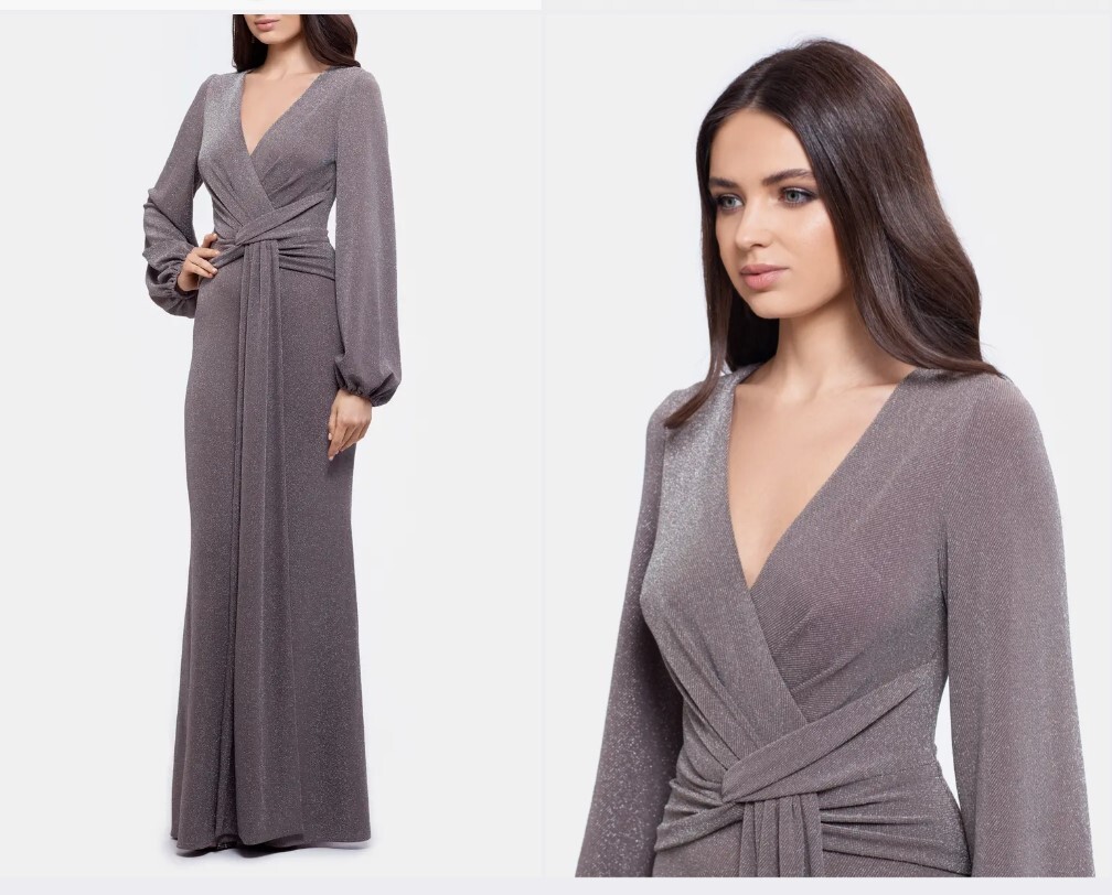 BETSY & ADAM Metallic Knit Long Sleeve Gown Taupe/Silver 4