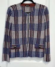 Misook Blazer Blue Plaid Long Sleeve Open Front Tweed Knit Jacket Office Preppy