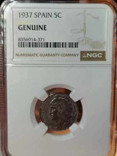 1937 Spain 5 Centimos NGC Genuine Slab Beautiful Coin