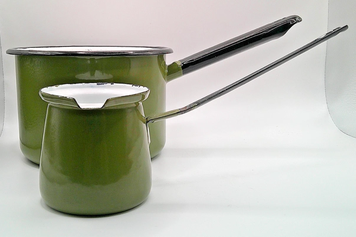 Vintage Huta Silesia Poland Olive Green Enamelware Pot and Butter Warmer Set