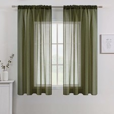 Olive Green Sheer Curtains Linen Textured 45 Inches Long 2 Panels for Bedroom