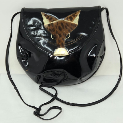 VINTAGE ENZO OF ROMA ITALY FUR FOX HEAD BLACK PATENT LEATHER SHOULDER BAG