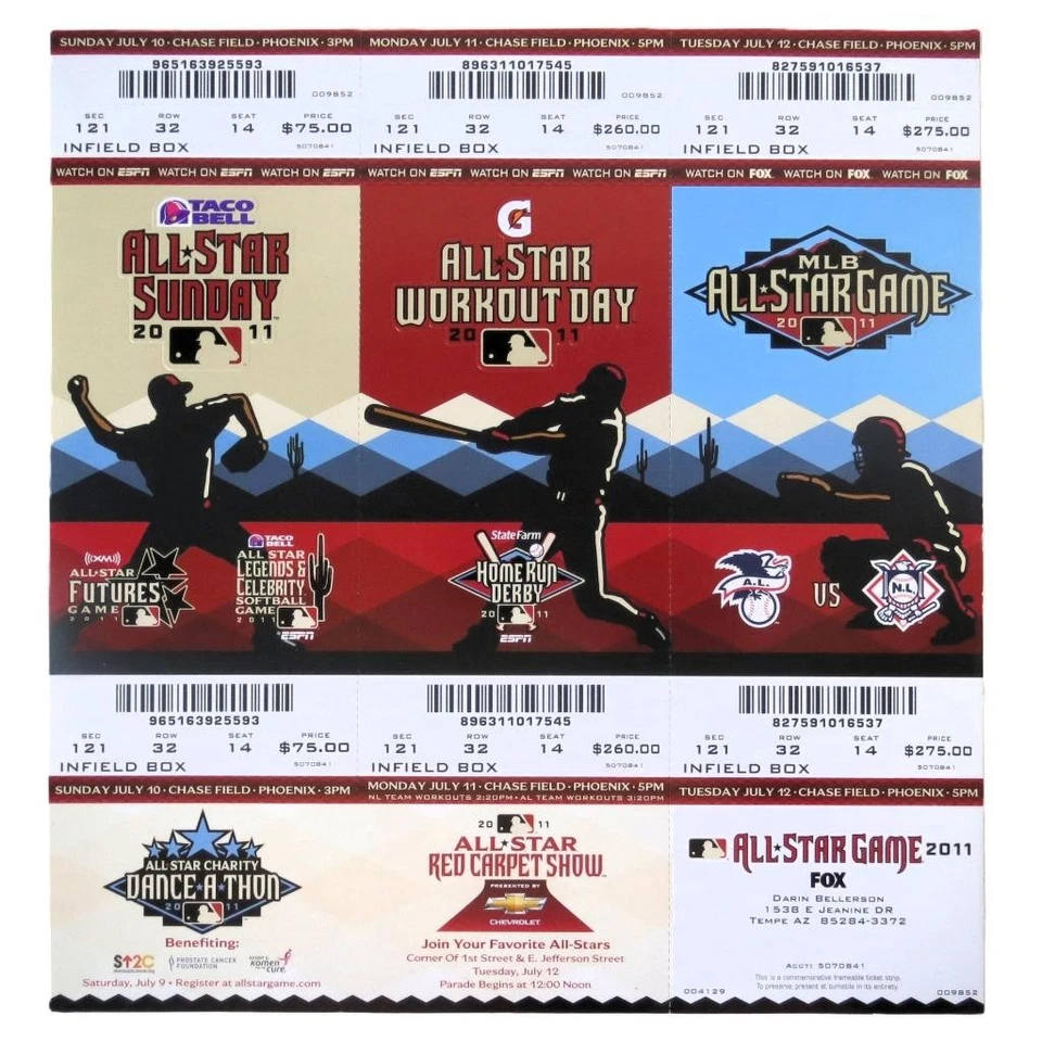 Hoja de boletos del Juego de Estrellas de Béisbol MLB 2011 Arizona Diamondbacks COMPLETA Foto 2 de 4