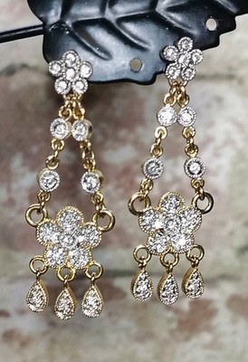  Atemberaubende 14k Gelb & Weißgold mit Diamanten Chandelier Floral Ohrringe 7,8g