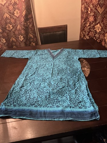 Long Sleeve Blue Cotton Paisley Kurta Kurti Top, 37” Long, 44” Bust,  Nice