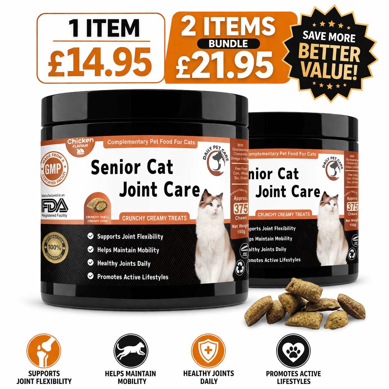 Senior Cat Joint Chews Glucosamine Chondroitin Omega 3 | 2 Units - Bundle Pack