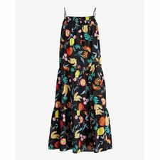 NWT J. CREW Factory Black Colorful Fruit Print Tiered Midi Dress XS