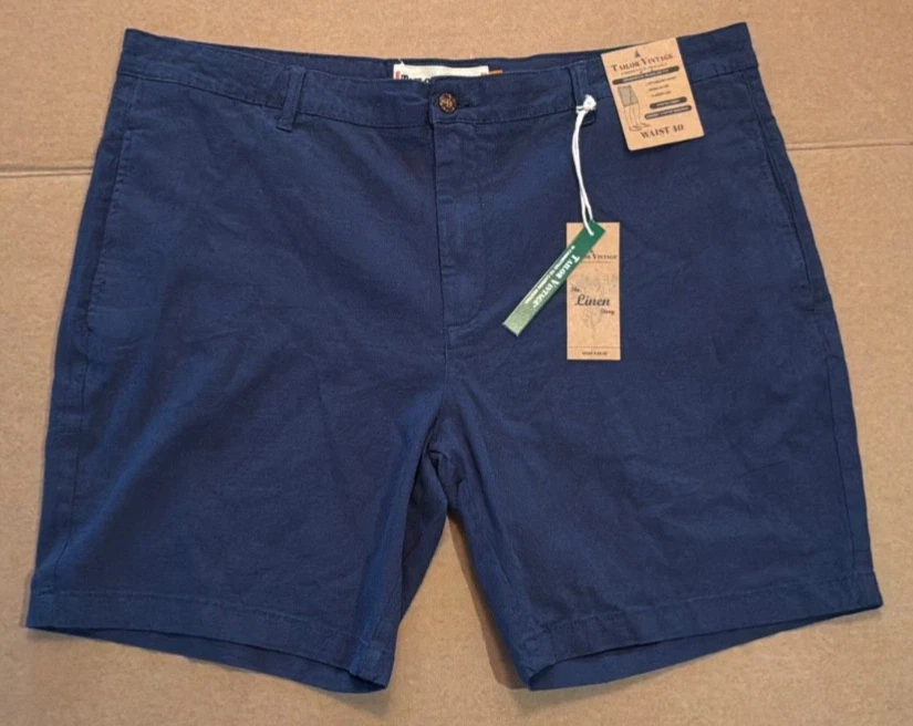 NWT $88 Tailor Vintage Greenwich Blue Chino Linen Cotton Stretch Shorts Size 40