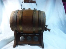 Vintage Small Wooden Wine/Whiskey Dispenser Keg/Barrel with Brass Spout & Stand