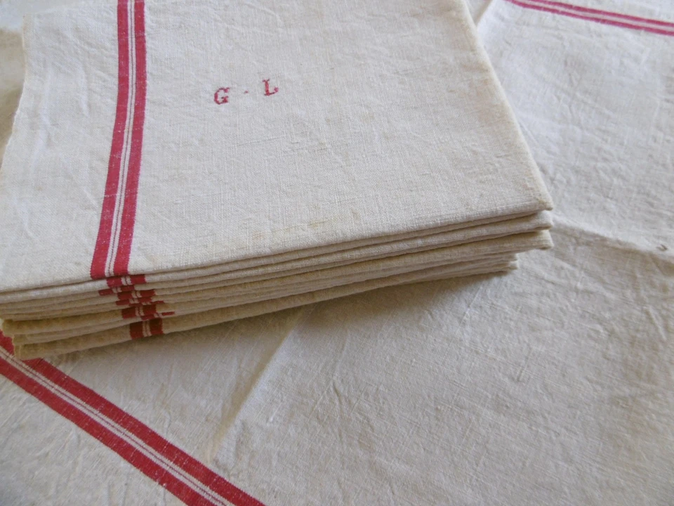 8 torchons  lin à liteaux rouges chiffrés G.L. - Photo 2/4