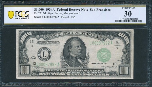 1934A $1000 One Thousand Dollar Bill Currency Scarce San Fran PCGS-B VF 30