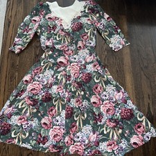 Vtg  80s Dress  Floral Cottagecore Garden Tea Party Bib Collar Midi Fit Flare
