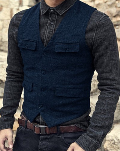 Mens Vintage Tweed Waistcoat Groom Bestman Retro Hunting Cowboy Formal Vests - Picture 21 of 21