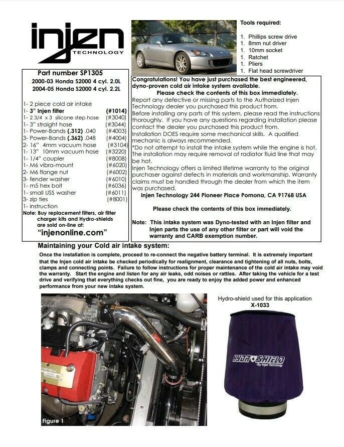 Para Honda S2000 2000-2003 2,0 L 2004-2005 2,2 L Injen pulido admisión de aire frío CAI Foto 4 de 4