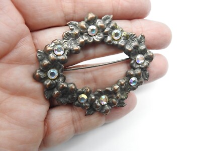 AB Paste Rhinestone Textured Copper Metal Flower Wreath Brooch Vintage