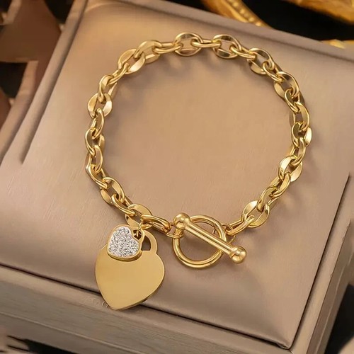 Titanium Steel Golden Love Heart OT Clasp Bracelet Women Simple Accessory Gift - Picture 7 of 7