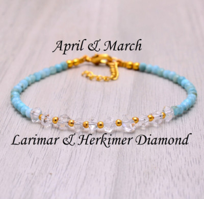 Herkimer Bracelet with Larimar, March Birthstone, Larimar Bracelet, diamond