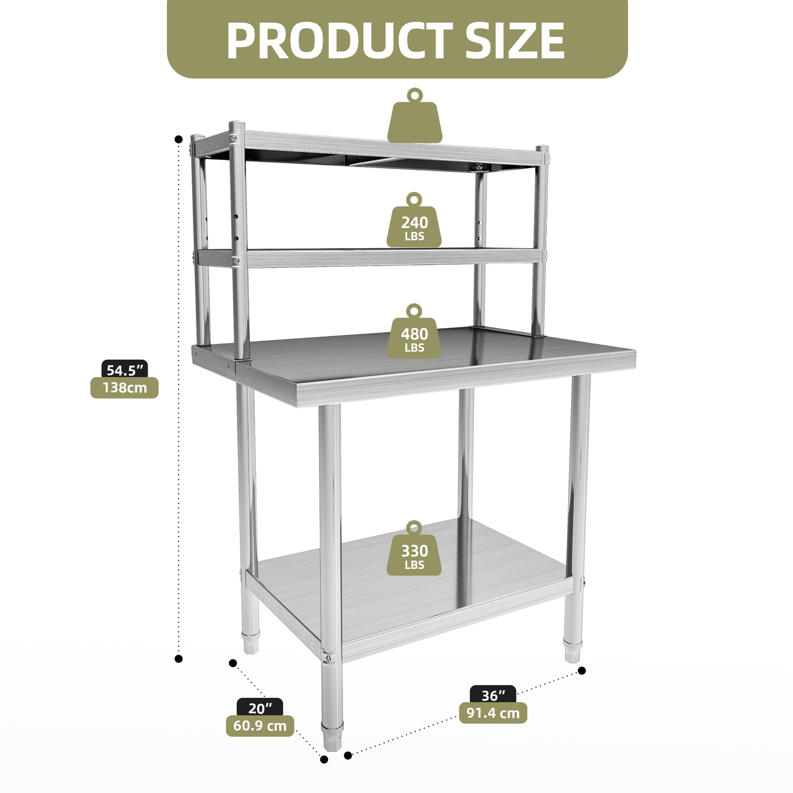 Stainless Steel 36"x20" Work Prep Table Metal w/ 2-Tier Shelf Commercial Kitchen