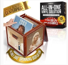 Decorative All-in-1 Vinyl Record Storage Rotating Wood Display Case-Holds 100 LP